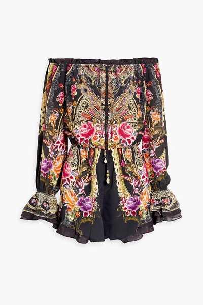 Off-the-shoulder embellished printed silk-chiffon playsuit