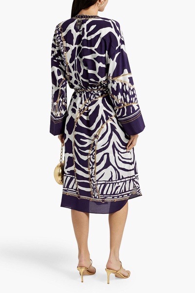 Belted crystal-embellished printed silk crepe de chine coverup