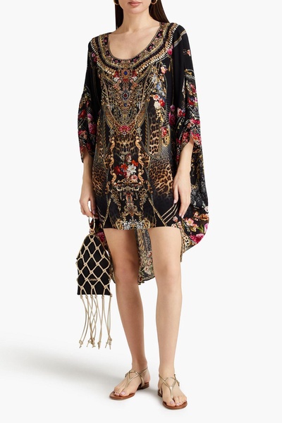 Crystal-embellished printed silk crepe de chine dress