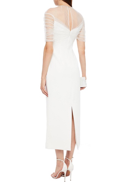 Crystal-embellished tulle-paneled crepe midi dress