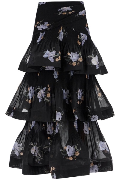 ZIMMERMANN Pleated Ruffle Midi Skirt with Floral Print