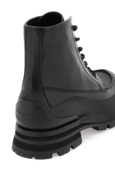 ALEXANDER MCQUEEN Men's Black Leather Ankle Boots with Oversized Sole and Iconic Logo Print