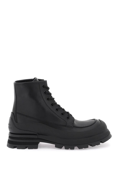 ALEXANDER MCQUEEN Men's Black Leather Ankle Boots with Oversized Sole and Iconic Logo Print