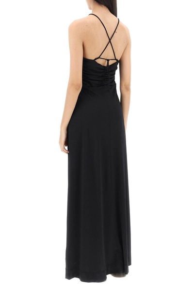 Maxi Black Dress with Drawstring and Criss-Cross Straps in Jersey Woman