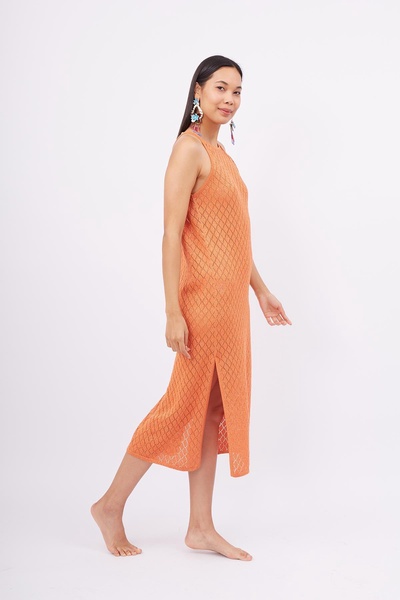 Evelien Openwork Maxi Halter Beach Dress In Orange