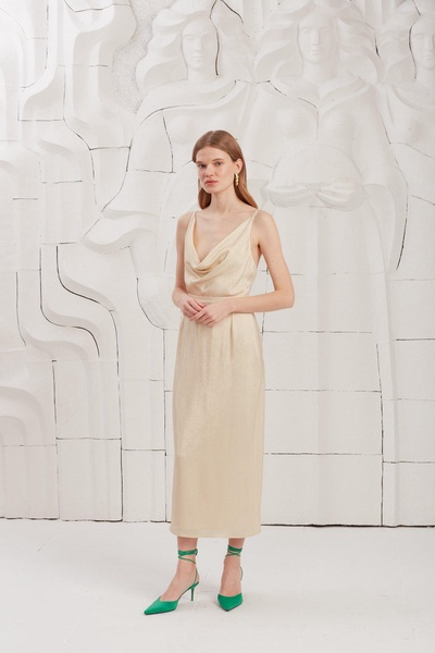 Kamea Gold Beige Cowl Neck Midi Dress