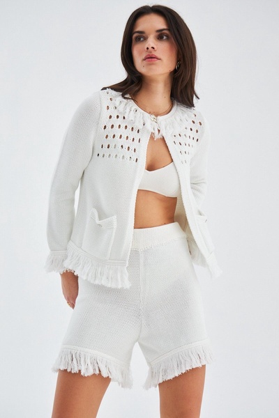 Miyoki Knitted Crop Cardigan & Shorts Matching Set In Off-White