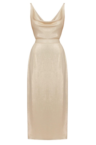 Kamea Gold Beige Cowl Neck Midi Dress