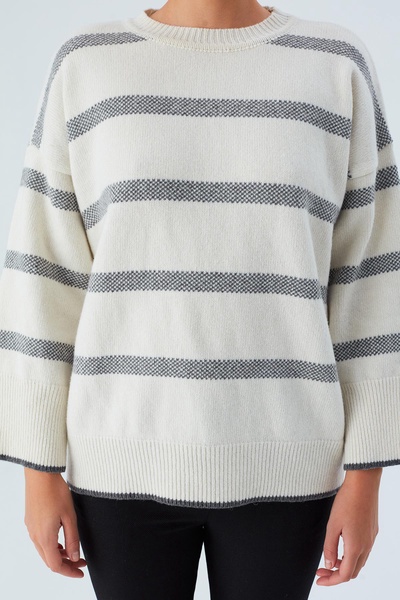 Carla Striped Loose Fit Pullover In Ecru/Grey