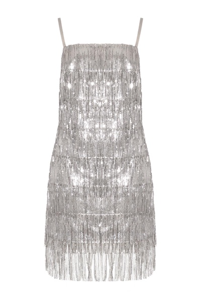 Silvi Silver Sequin Fringe Cocktail Dress