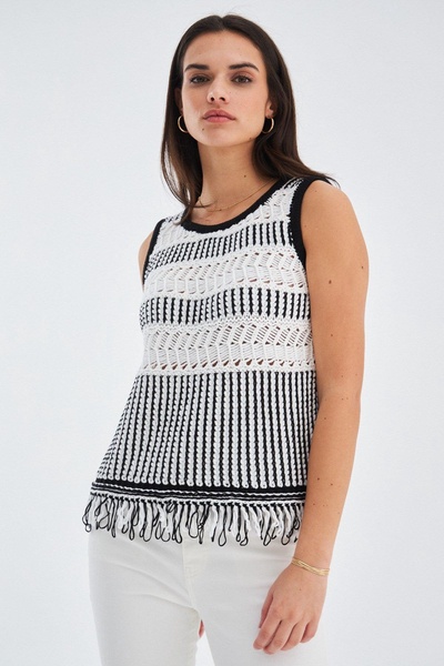 Kiyo Tassled Sleeveless Blouse In Ecru/Black