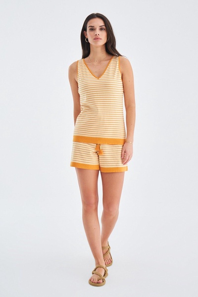 Paru Knitted Sleeveless Top & Shorts  Matching Set In Beige / Orange