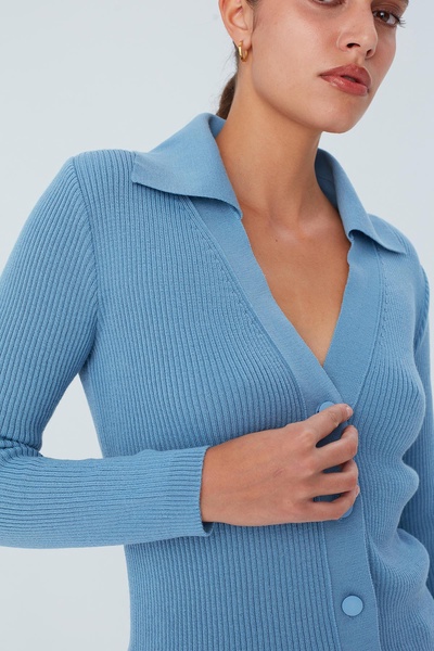 Polo V-Neck Ribbed Knit Cardigan - Glacier Blue