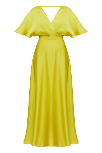 Solene Lime Green Satin Long Evening Dress With Butterfly Sleeves