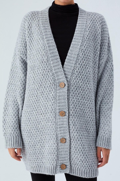 Maya Brass Mesh Long Knit Cardigan - Grey