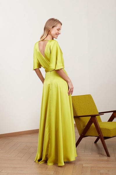 Solene Lime Green Satin Long Evening Dress With Butterfly Sleeves