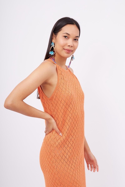 Evelien Openwork Maxi Halter Beach Dress In Orange