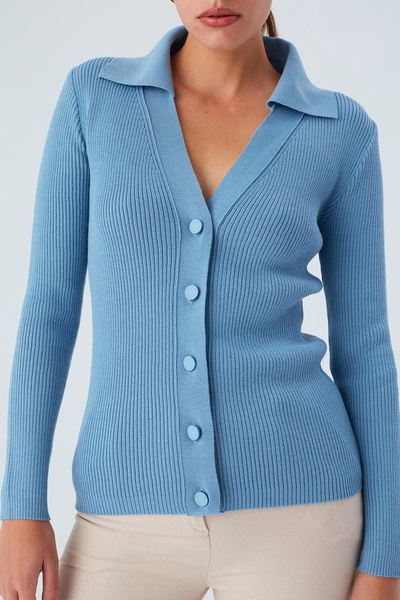 Polo V-Neck Ribbed Knit Cardigan - Glacier Blue