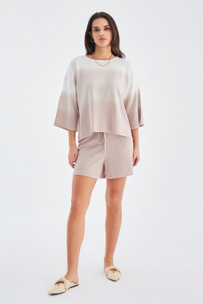 Siri Knitted Blouse & Shorts Matching Set In Beige