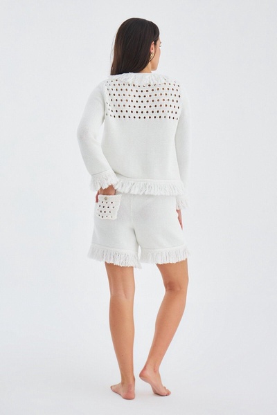 Miyoki Knitted Crop Cardigan & Shorts Matching Set In Off-White