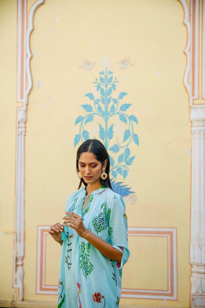 Botanical Tassel Kurta Cotton Persian Blue