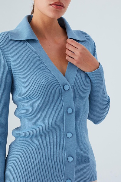 Polo V-Neck Ribbed Knit Cardigan - Glacier Blue