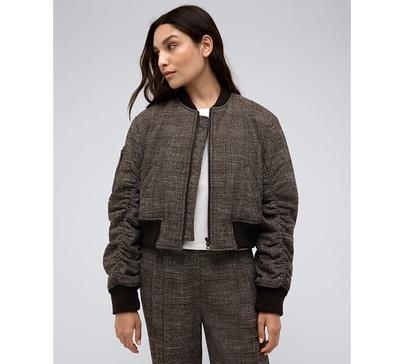 Women's Plaid Shirred-Sleeve Cropped Bomber Jacket