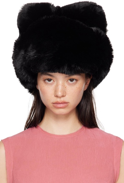 Black Fluffy Bow Faux-fur Hat