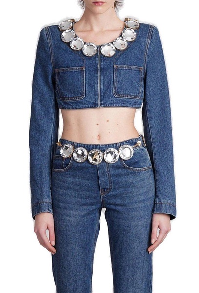 Area Embellished Long-Sleeved Cropped Denim Jacket