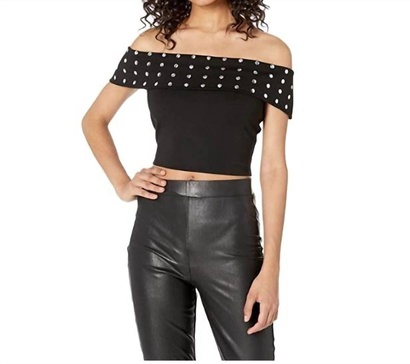 off the shoulder studded crop top in black