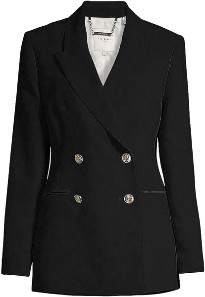 women solid black llayla double breasted embossed button blazer jacket