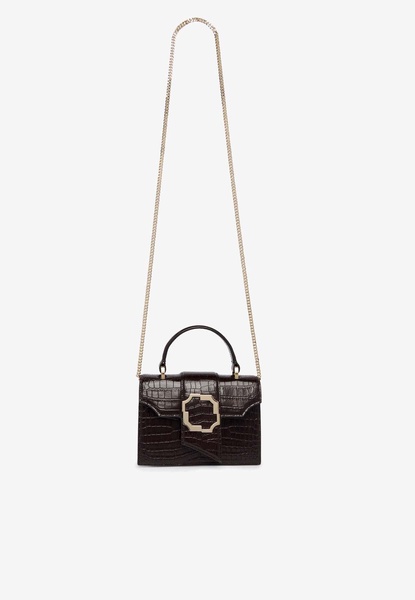 Mini Audrey Crest Buckle Top Handle Bag in Croc-Embossed Leather