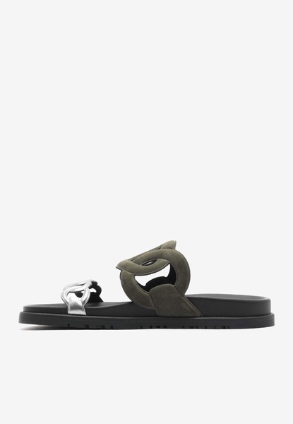 Extra Sandals in Vert Foret Suede and Gris Argente Nappa Leather