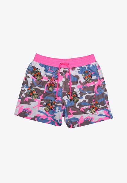 All-Over Mexican Head Swim Shorts in Camo Rose