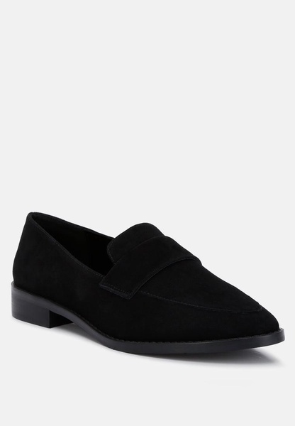 zofia black suede penny loafers