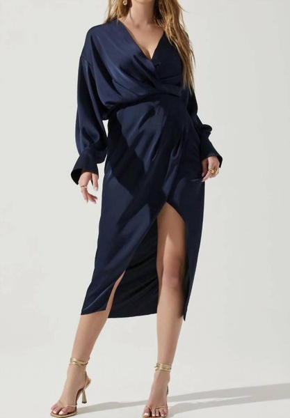 sadyra drop shoulder wrap dress in navy