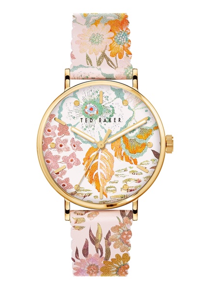 Ted Baker Women's Stainless Steel Quartz Leather Strap, 18 Casual Watch (Model: BKPPHS2359I), Gold/Pink Floral