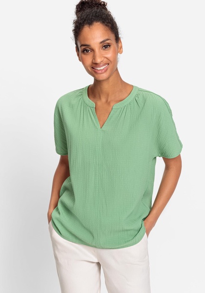 Viscose Blend Short Sleeve Collarless Crinkle Top