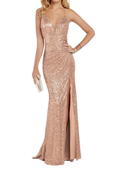 v-neckline prom dress in rose gold