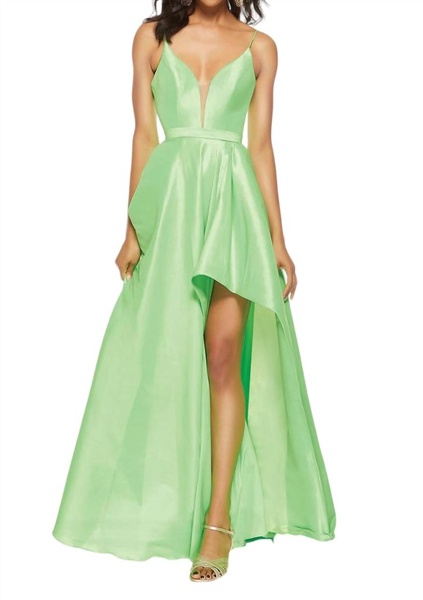 plunging neck strappy back high-low taffeta gown in lime