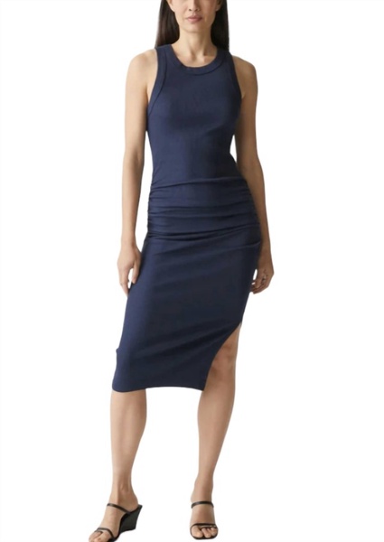 wren ruched midi dress in admiral