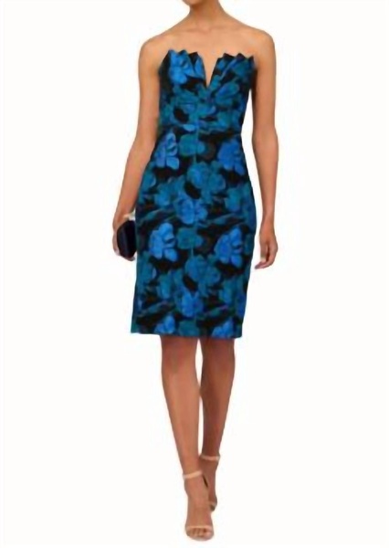 stretch jacquard midi dress in black and blue