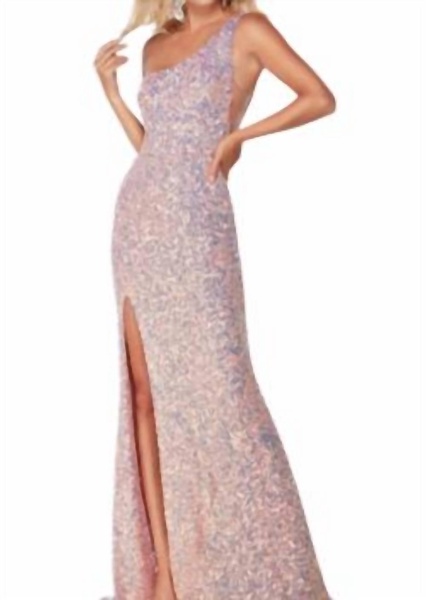 one shoulder side slit formal dress in vintage opal