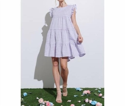 ruffle dress in gingham lilac