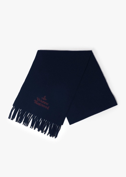 Unisex Embroidered Navy Blue Wool Scarf