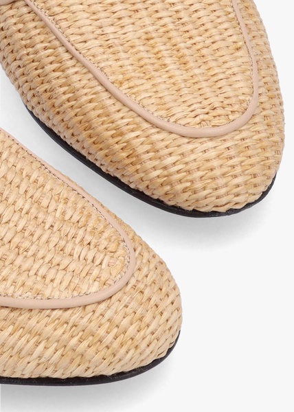 Beige Woven Raffia Backless Loafers