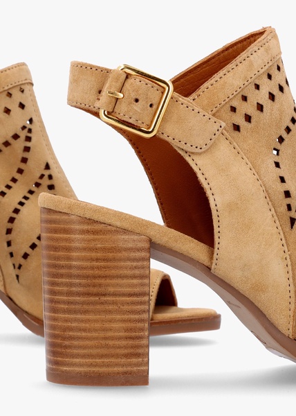 Arona Tan Suede Laser Cut Block Heel Sandals