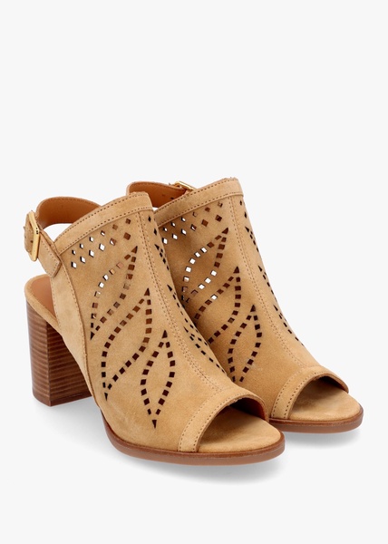 Arona Tan Suede Laser Cut Block Heel Sandals