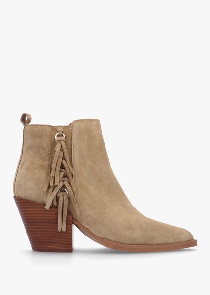 Baker Taupe Suede Fringed Stacked Heel Western Ankle Boots