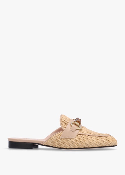 Beige Woven Raffia Backless Loafers